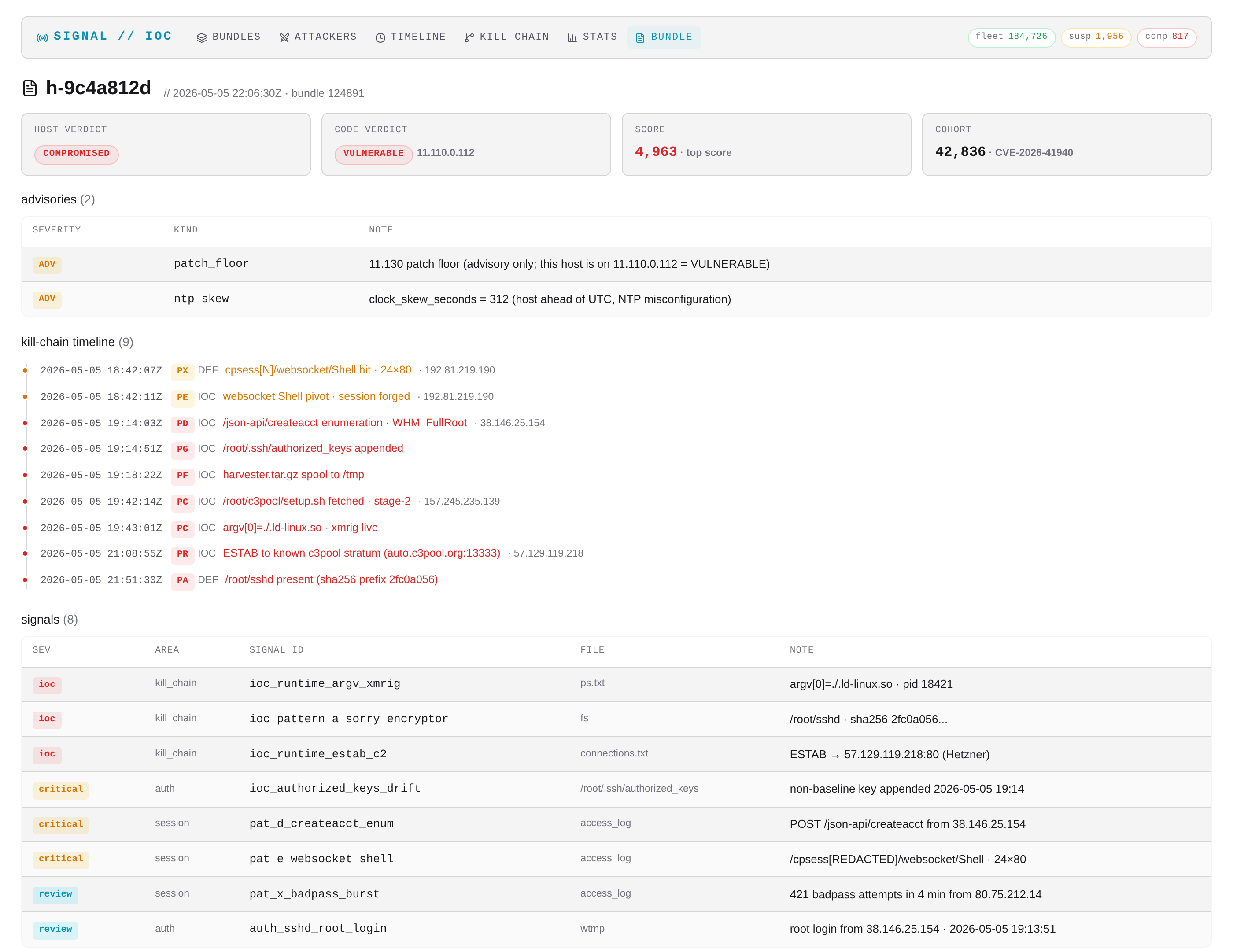 IOC Console per-host detail: verdict cards, advisories, kill-chain timeline, and signals table